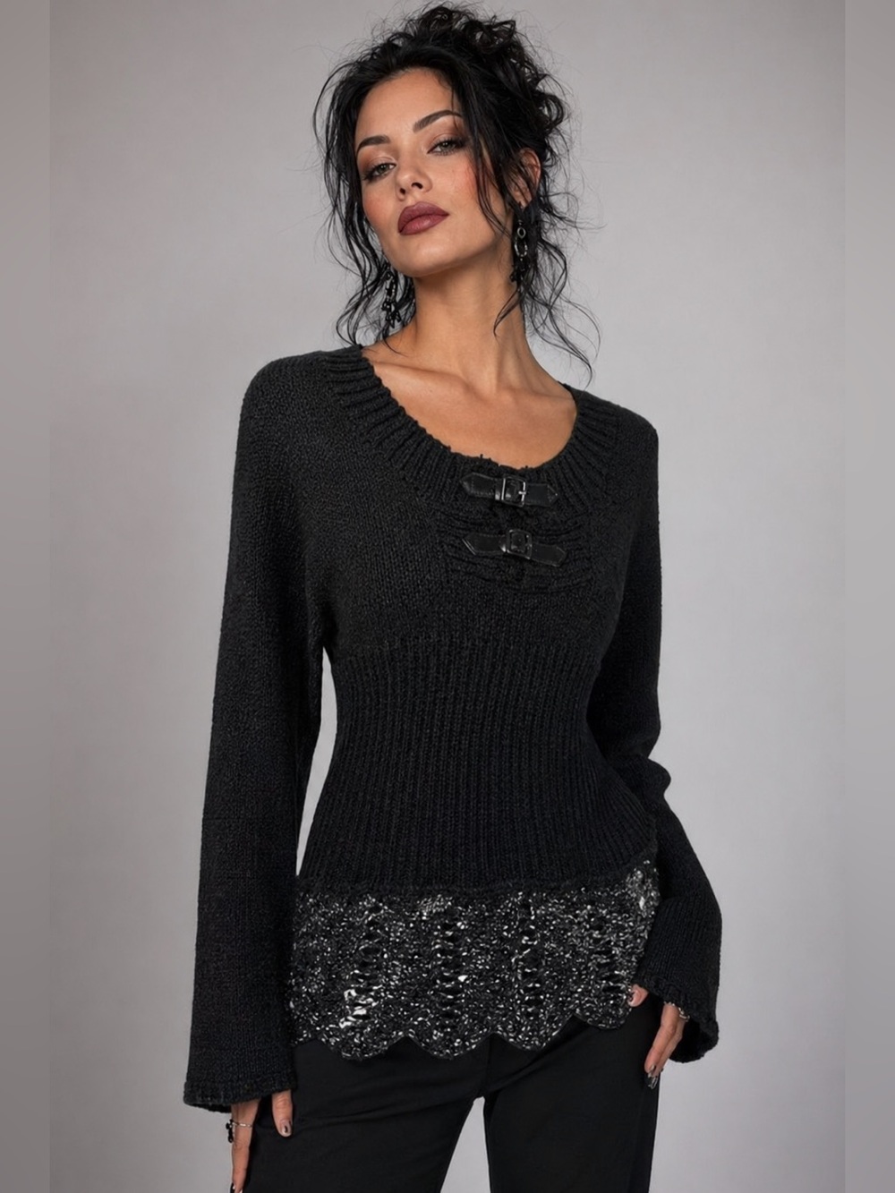 GIZEL Black Buckle Sweater L/XL Crochet Hem Bell Sleeve Boho Y2K Knit Top